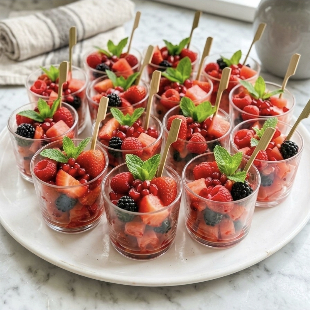 Individual berry cups garnished with mint