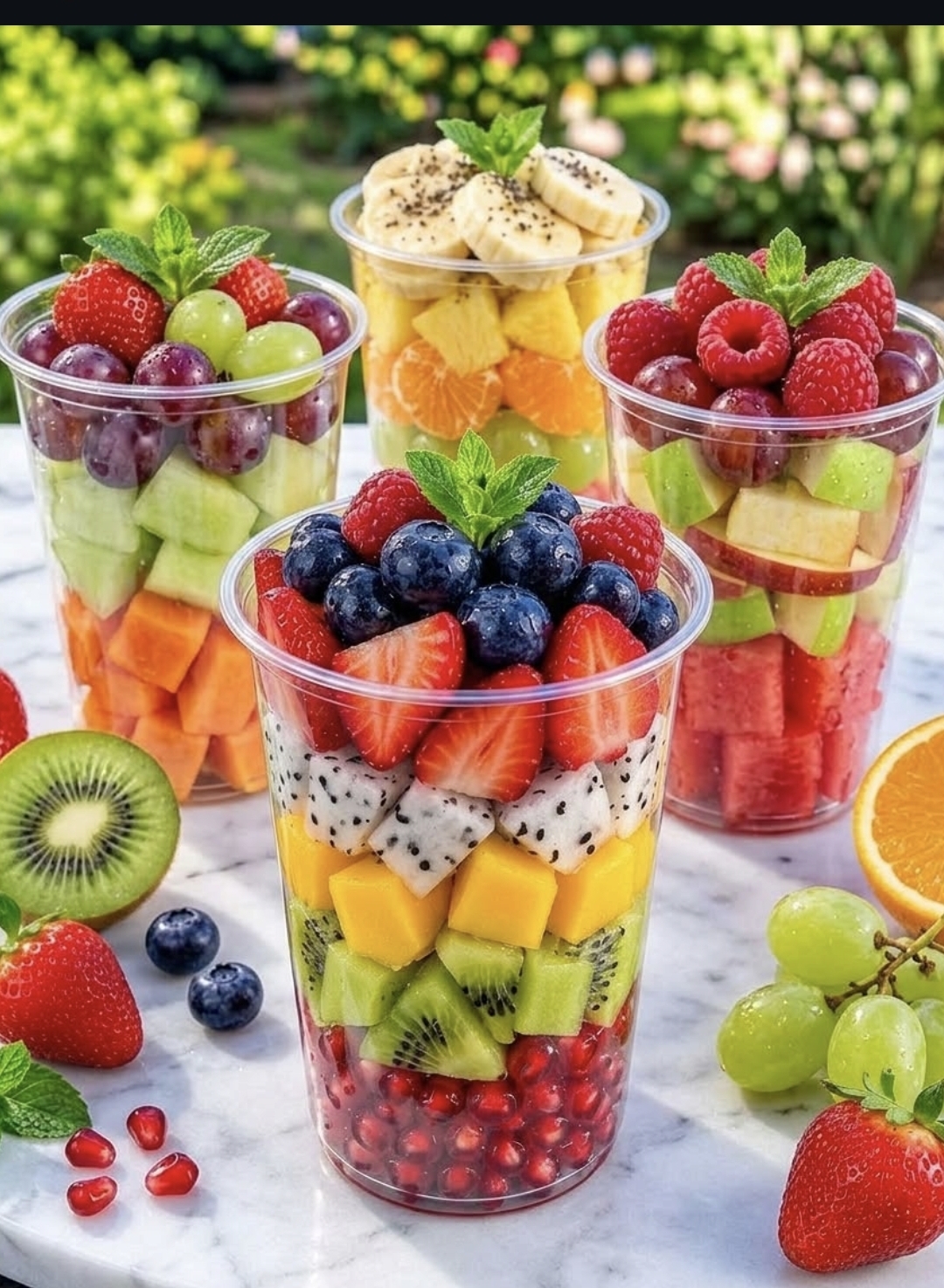 Layered fruit cups with berries, mango, kiwi and pomegranate