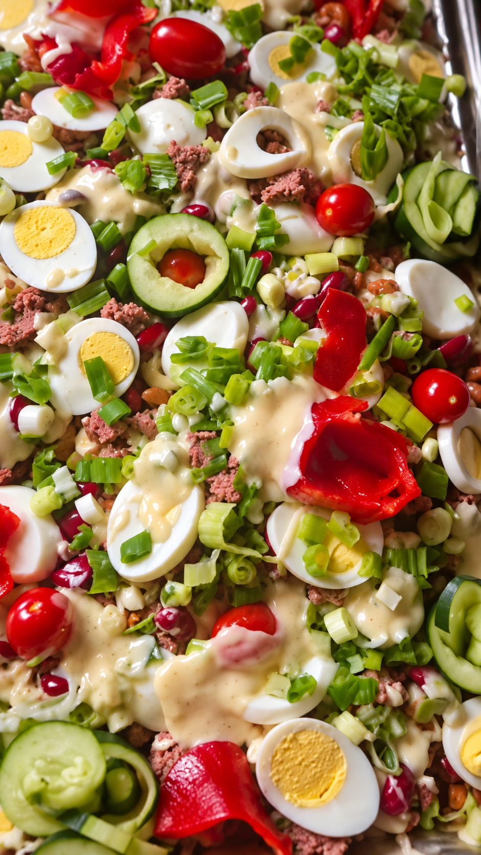 A close view of the Signature Luxury Salad Tray toppings