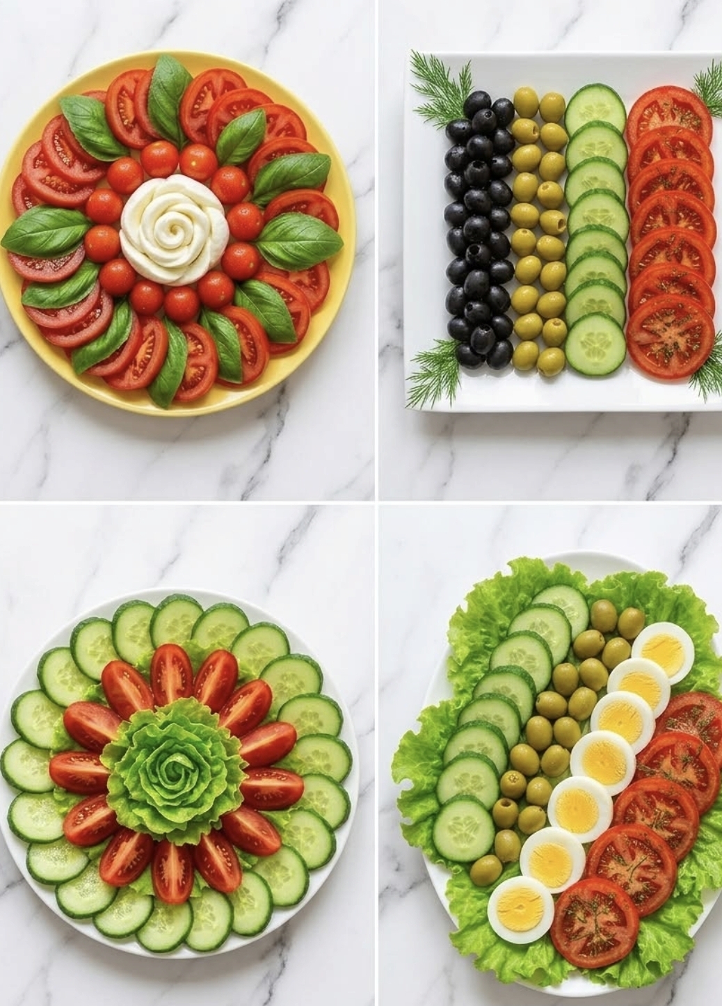 Four vegetable platter arrangements with tomato, cucumber, olives and egg
