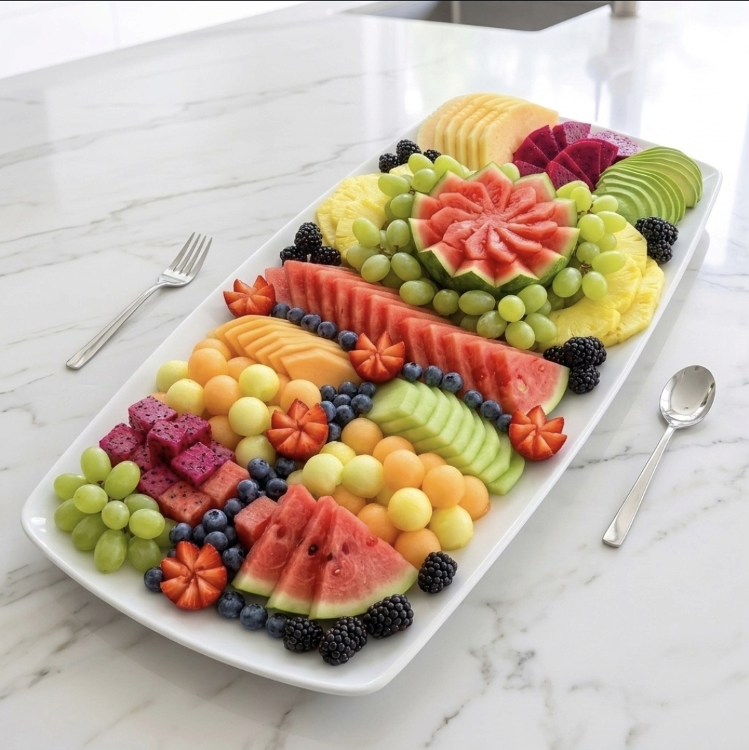 A long white platter arranged with watermelon, melon, pineapple, grapes and berries
