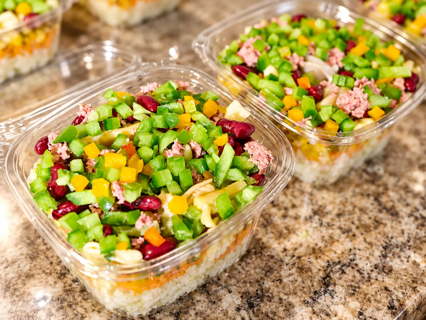 A Beyond Salad bowl salad packed fresh with vegetables, beans and pasta