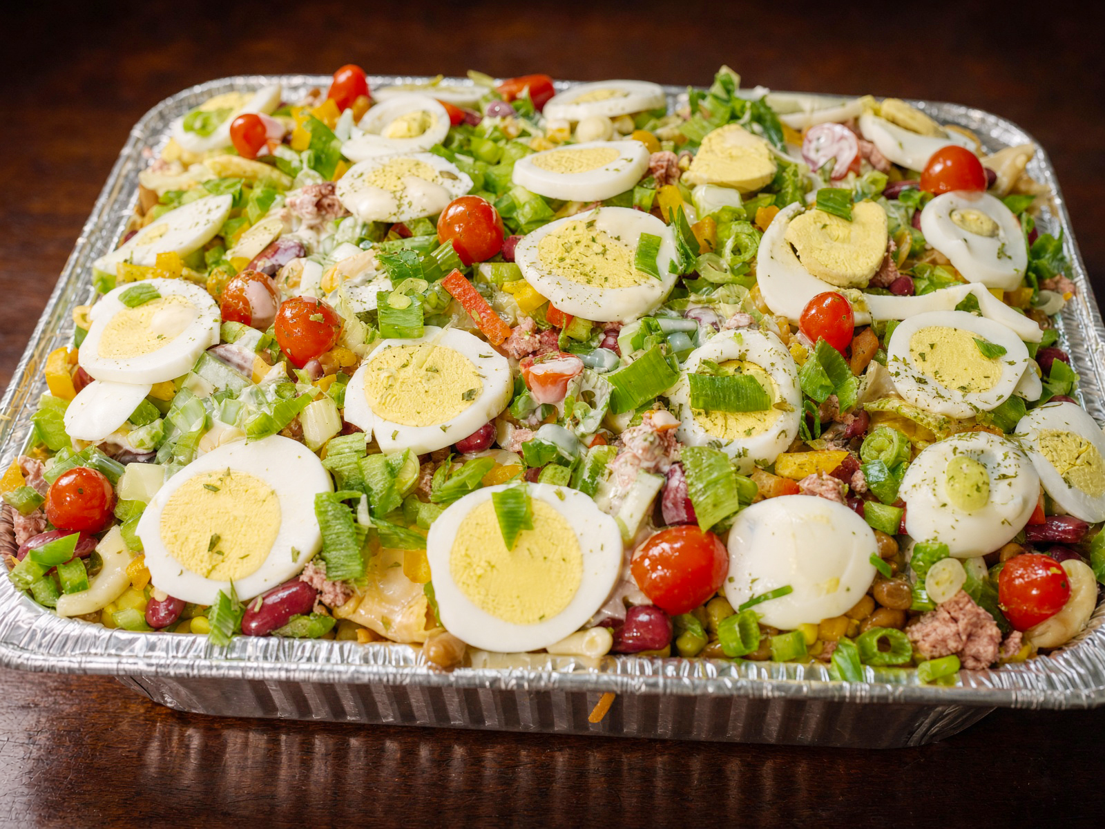 A close view of a full Beyond Salad vegetable salad tray