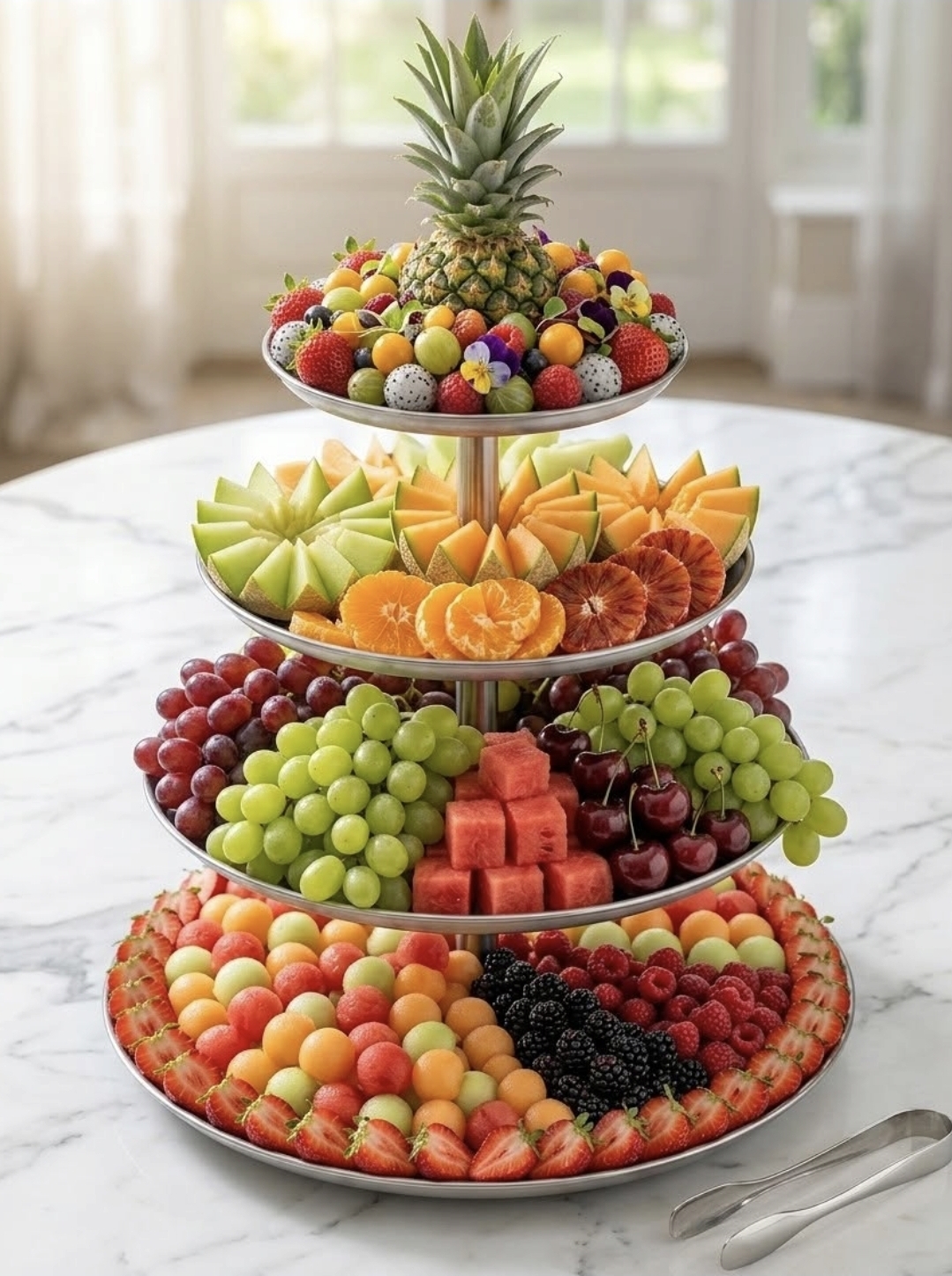 A tiered fruit display topped with a pineapple crown