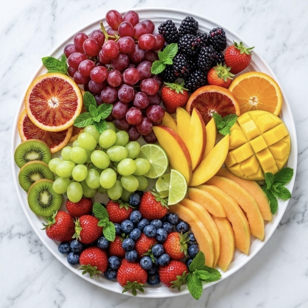 A round platter of grapes, mango, melon, citrus, kiwi and berries