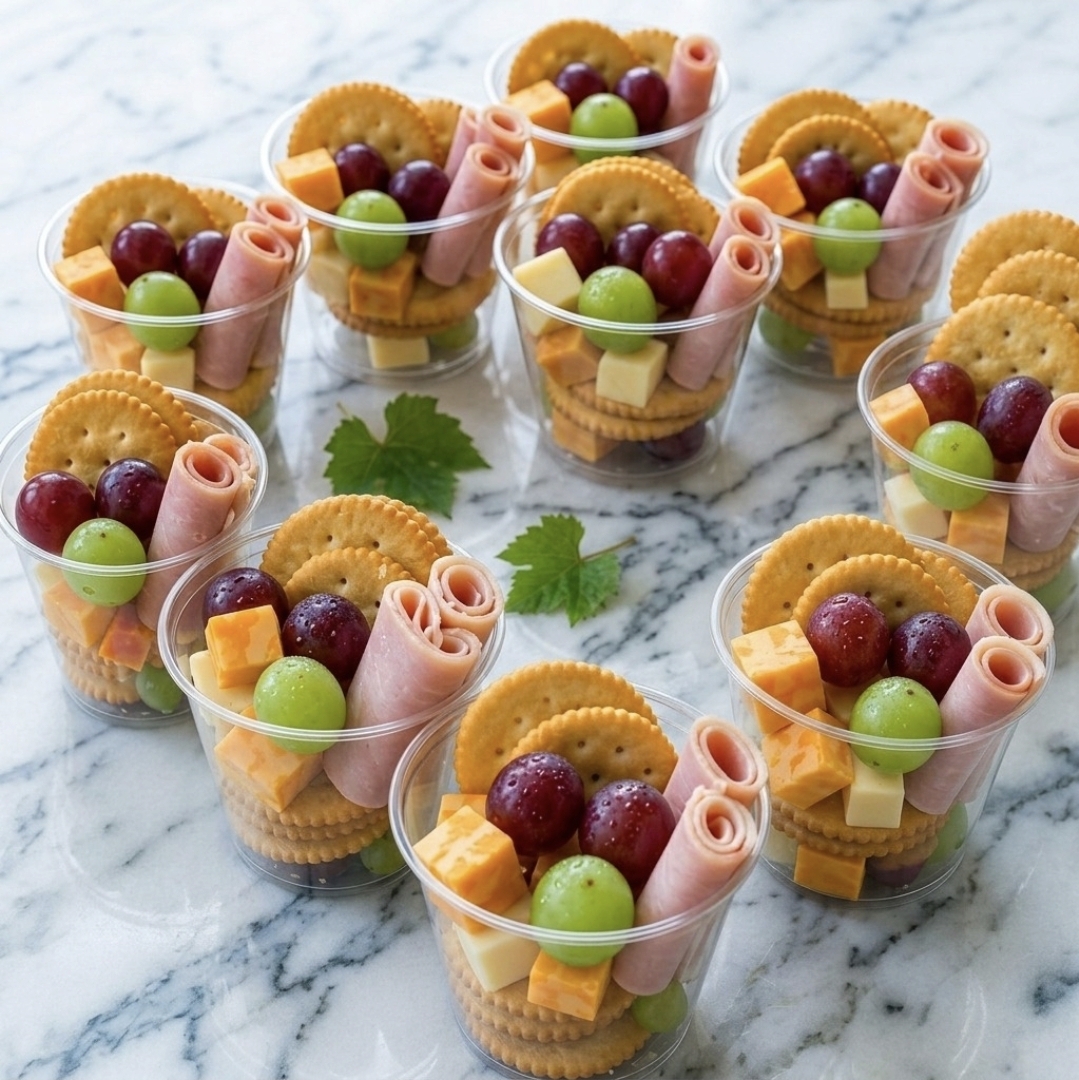 Snack cups with crackers, cheese, grapes and rolled deli meat