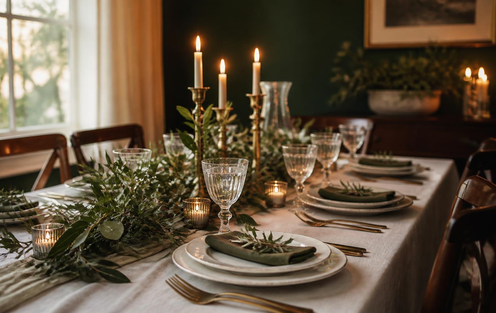 A table set with linen, greenery and candlelight ready for guests